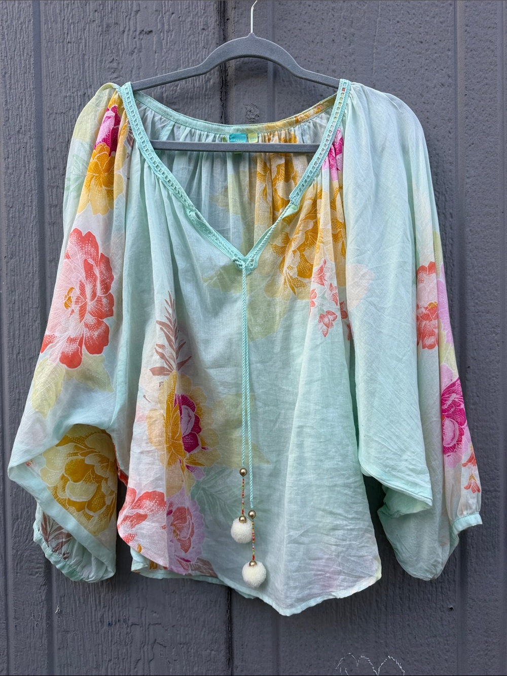 Farm Rio Light Aqua Floral Boho Peasant Top Size: M
